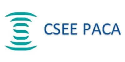 Logo CSEE PACA avec un symbole circulaire turquoise et texte bleu.