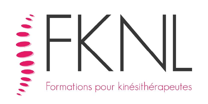 Logo avec les lettres « FKNL », un motif rose de formes elliptiques et le texte « Formations pour kinésithérapeutes ».