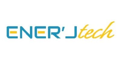 Logo ENER'J Tech avec typographie bleue et jaune.