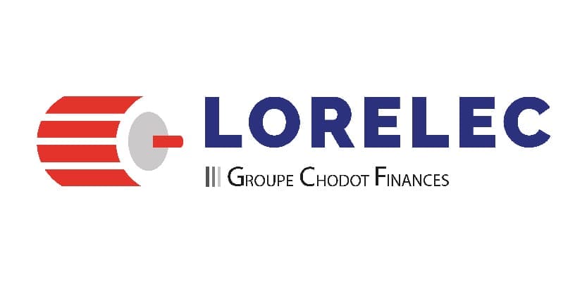 Logo de LORELEC, composé d’un pictogramme cylindrique rouge et du nom en lettres majuscules bleues, accompagné de la mention « Groupe Chodot Finances ».