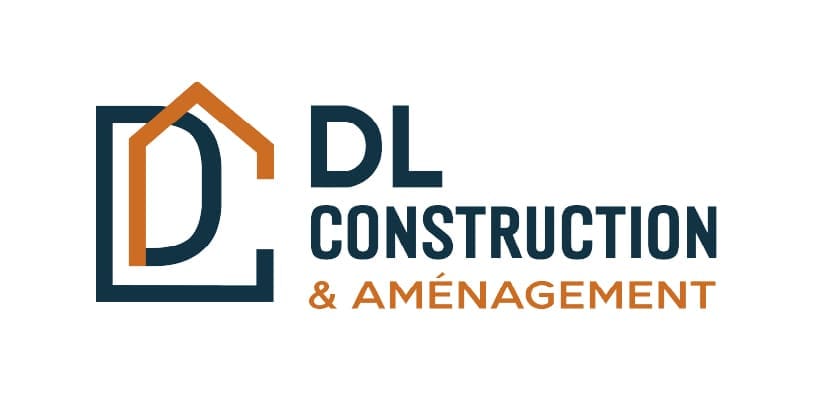 Logo avec les lettres « DL » intégrées à un tracé de maison stylisée et le texte « DL Construction & Aménagement ».