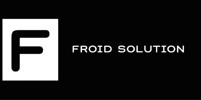 Logo noir et blanc avec un « F » stylisé dans un carré et le texte « FROID SOLUTION » en capitales.
