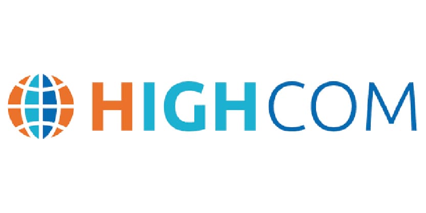 Logo avec un globe stylisé orange et bleu suivi du mot « HIGHCOM » en lettres capitales dégradées.