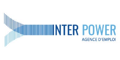 Logo bleu avec motif de lignes verticales formant une flèche et texte « INTER POWER – Agence d’emploi ».