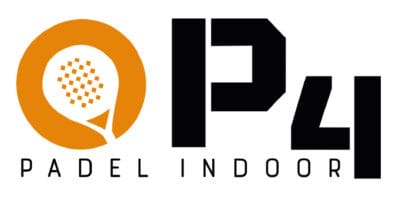 Logo avec raquette de padel orange stylisée suivie du texte « P4 » en noir et « Padel Indoor » en capitales.